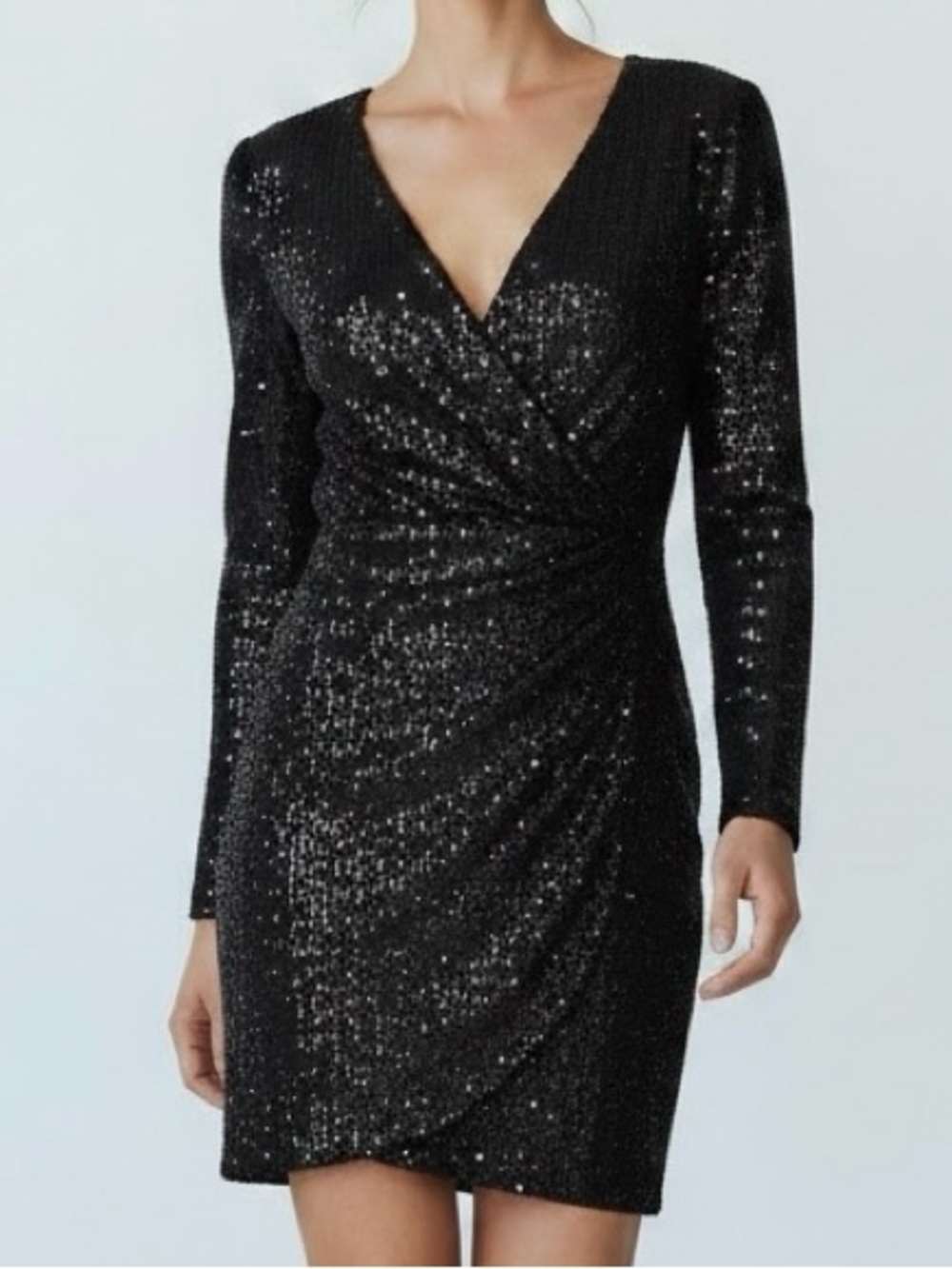 Express NWT Black Sequin Faux Wrap Bodycon Mini Dress Long Sleeve Size L